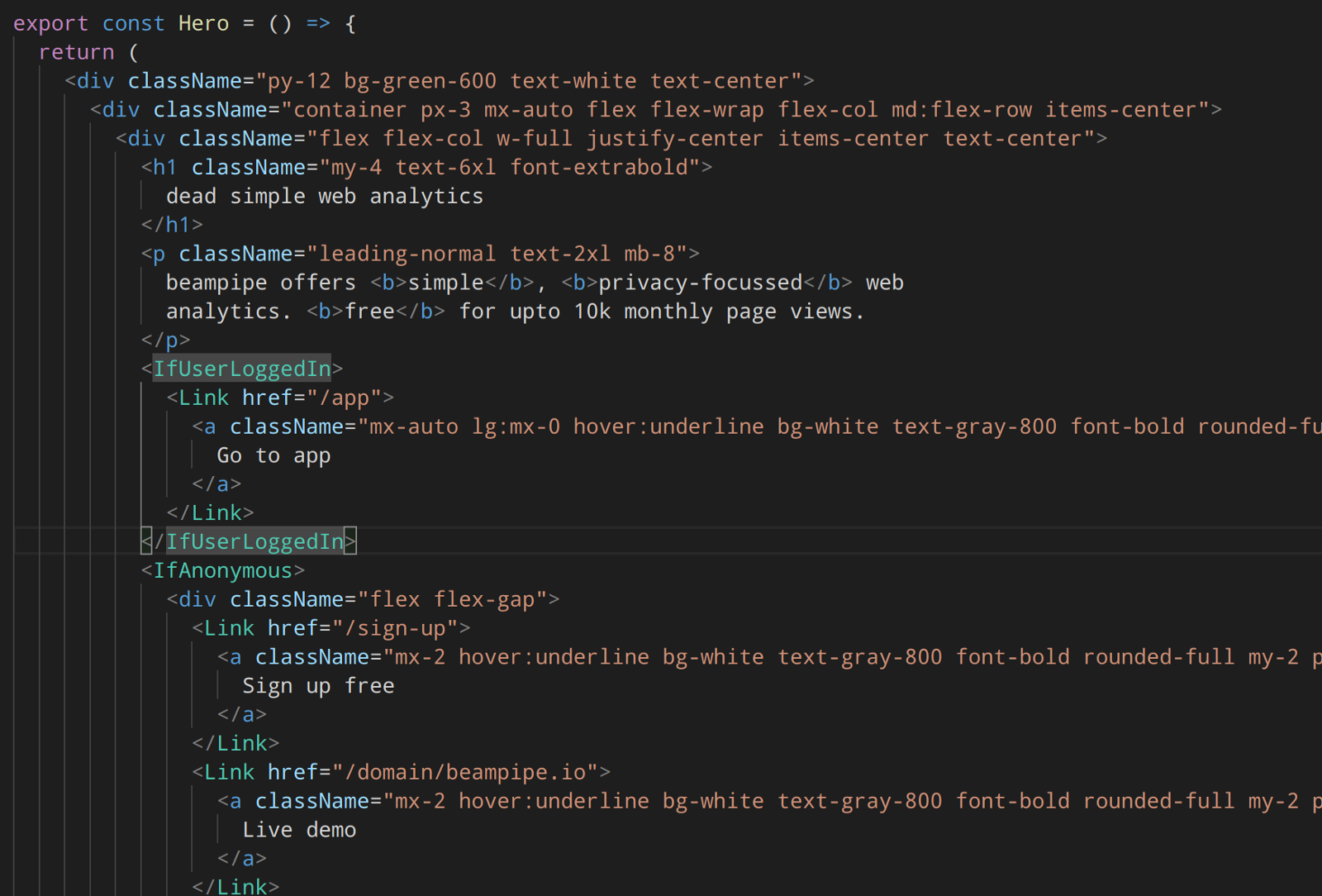 Real life Tailwind code from Beampipe's landing page. Looks gross. Actually not half bad.